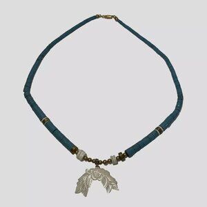Turquoise Puka Shell Beaded Necklace Carved Mother of Pearl Pendant Vintage